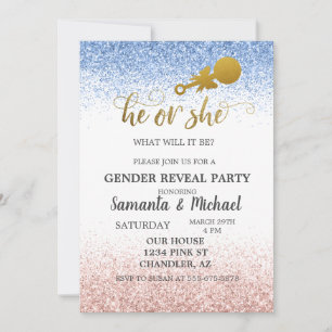 Invitation Rose Bleu Ombré Paillettes Or Fête de Révélation d