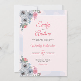 Invitation Rose Bleu Poussiéreux Élégant Mariage Floral Aquar