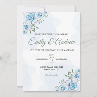 Invitation Rose Bleu Poussiéreux Mariage Floral Aquarelle Mod