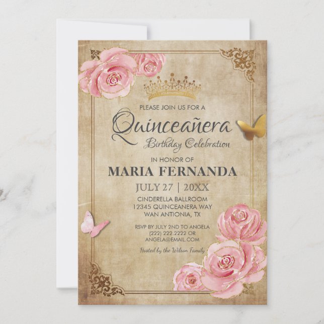 Invitation Rose Bleu rose papillon Couronne or Quinceanera (Devant)