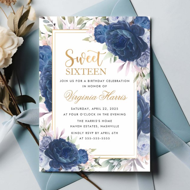 Invitation Rose bleu Sweet sixteen floral 16 Anniversaire (Créateur téléchargé)
