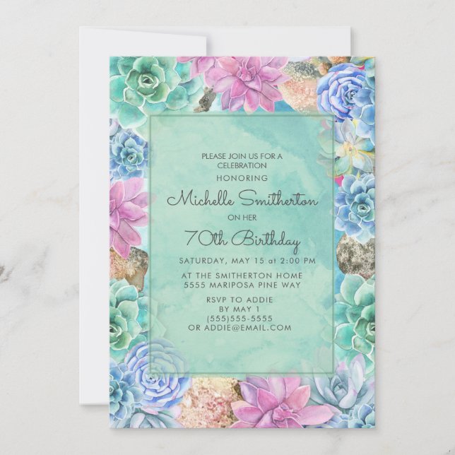 Invitation Rose Bleu Vert Floral Succulents 70e anniversaire (Devant)