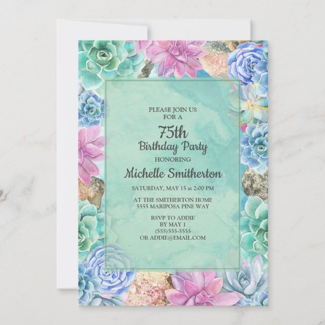 Invitation Rose Bleu Vert Floral Succulents 75e anniversaire (Devant)