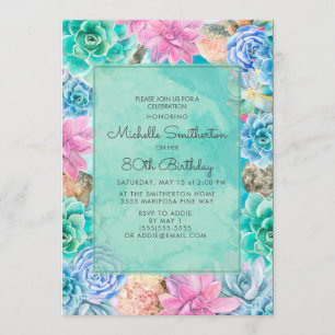 Invitation Rose Bleu Vert Floral Succulents 80e anniversaire