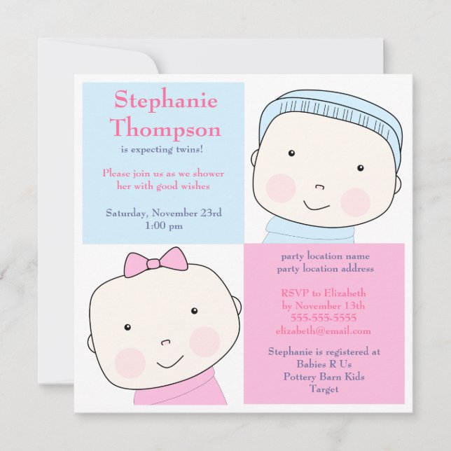 Invitation rose bleue de baby shower de fille (Devant)