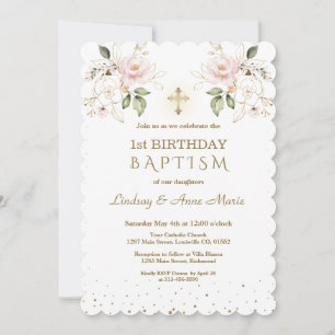 Invitation Rose Blue Floral Girls Twins 1er Anniversaire Bapt
