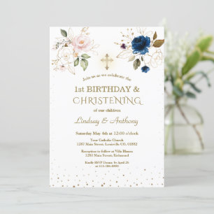 Invitation Rose Blue Floral Twins 1er anniversaire & Christen