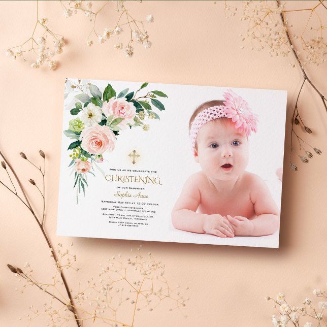 Invitation Rose Blush Blanc Floral Photo Girl Christening (christening invitation, pink floral photo christening invitation)