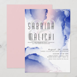 Invitation Rose Blush Bleu de Cobalt Encre Fluide Moderne Inv