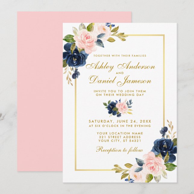 Invitation Rose Blush Blue Floral élégant mariage Or (Devant / Derrière)
