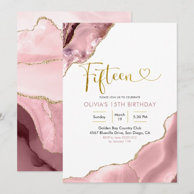 Invitation Rose Blush et Or Agate Quinze Anniversaire (Devant / Derrière)