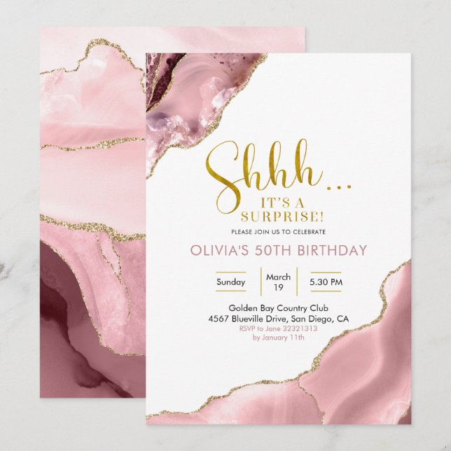 Invitation Rose Blush et Or Agate Surprise Anniversaire Invit (Devant / Derrière)