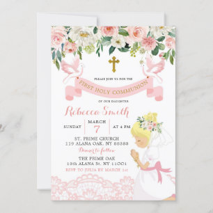 Invitation Rose Blush Floral Blonde Girl Première Sainte Comm