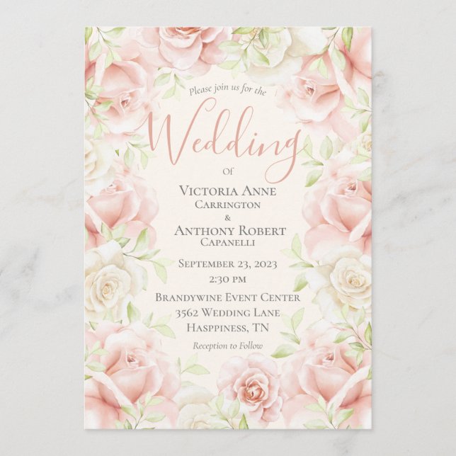 Invitation Rose Blush Floral Élégant Mariage romantique (Devant)