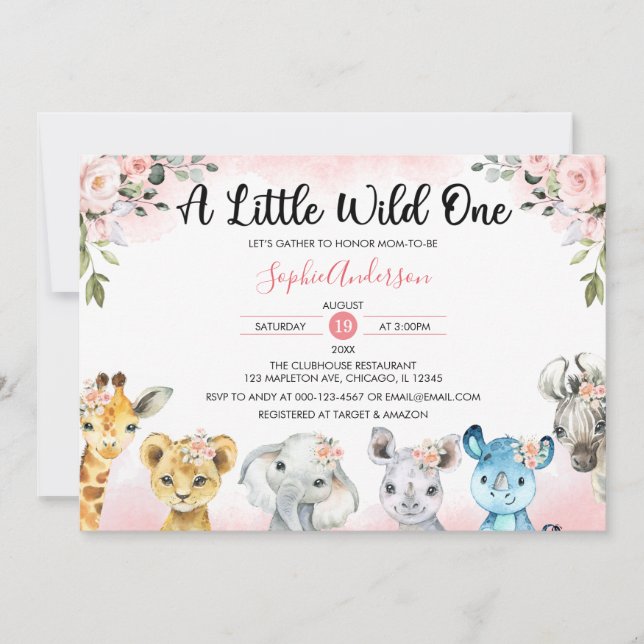 Invitation Rose Blush Floral Girls Safari Animaux Baby shower (Devant)