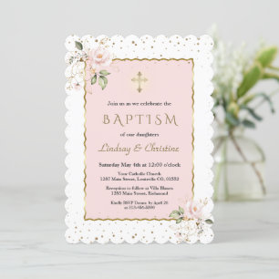 Invitation Rose Blush Floral Gold Cross Girl Twins Baptême