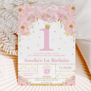 Invitation Rose Blush Floral Or 1er anniversaire fille prince