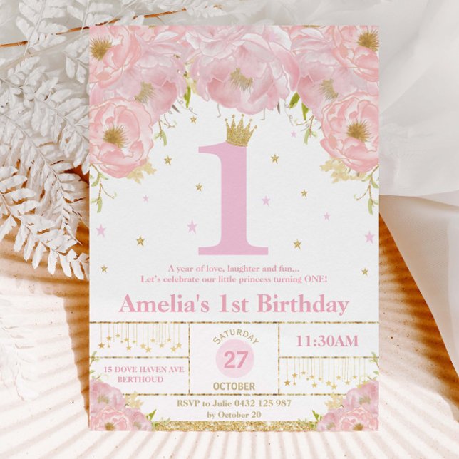 Invitation Rose Blush Floral Or 1er anniversaire fille prince (Créateur téléchargé)
