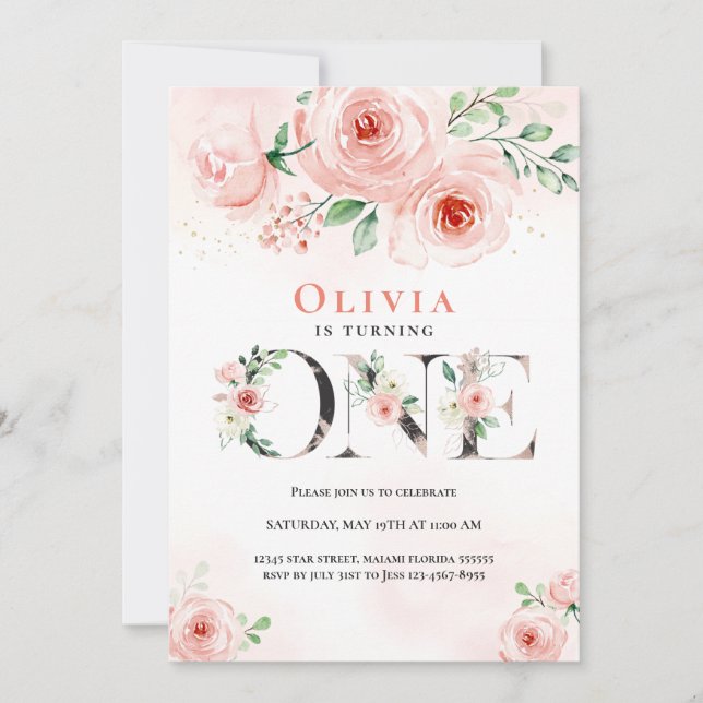 Invitation Rose Blush Floral Premier anniversaire Gril (Devant)