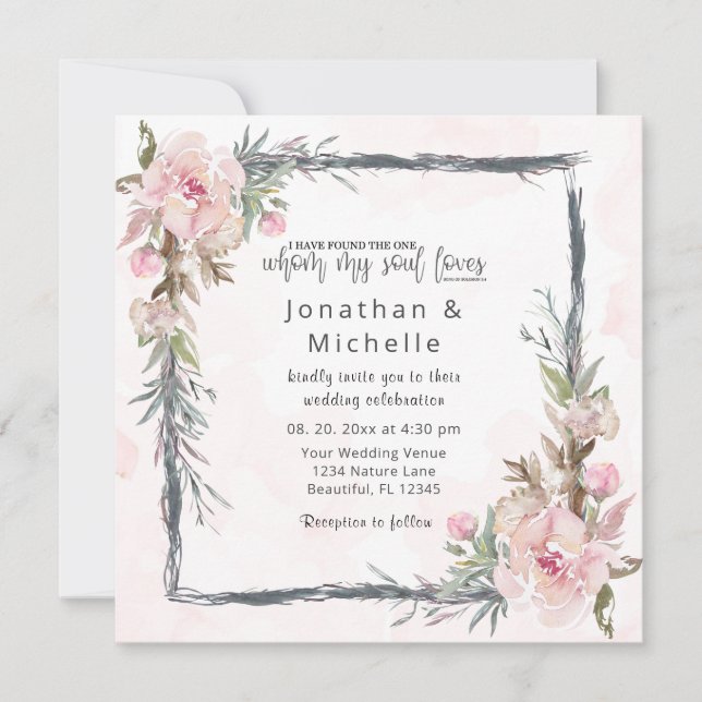 Invitation Rose Blush Floral Russe Frame Christian Mariage (Devant)