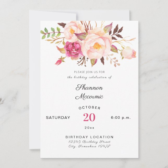 Invitation Rose Blush Floroming Floral Anniversaire Blanc (Devant)