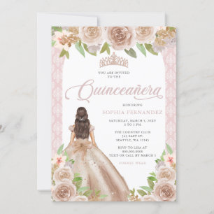 Invitation Rose Blush Gold Floral Princesse Tiara Quinceañera