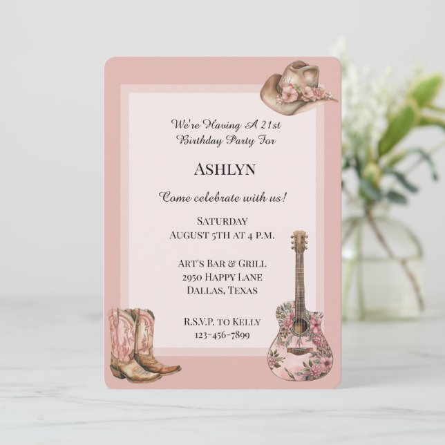Invitation Rose Blush Western Cowgirl Floral Guitare Annivers (Debout devant)