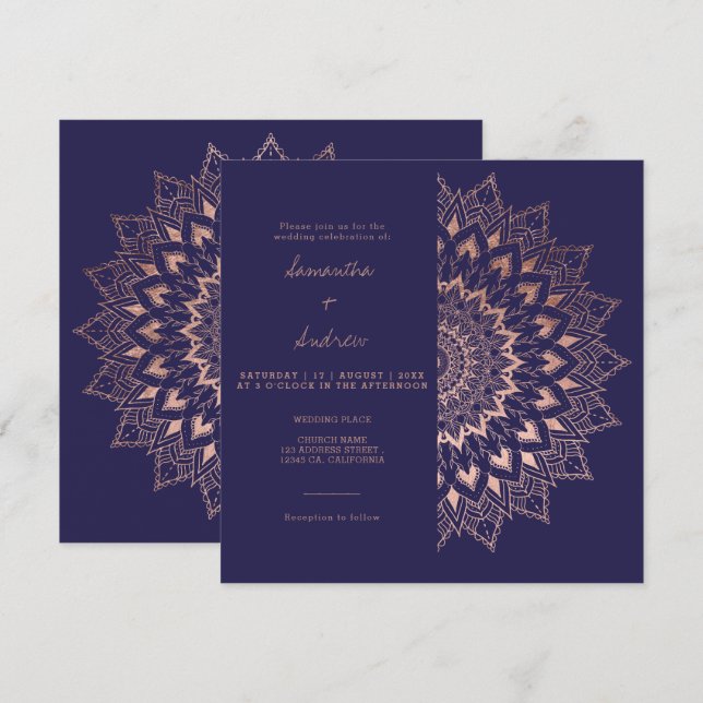 Invitation Rose bohème  or floral mandala marine mariage (Devant / Derrière)