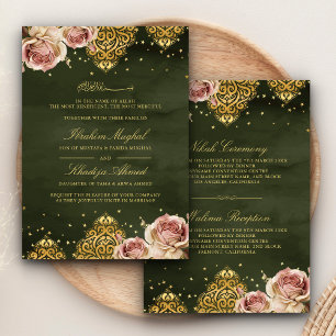 Invitation Rose Bohème Rose Motif Islamique Vert Mariage Musu