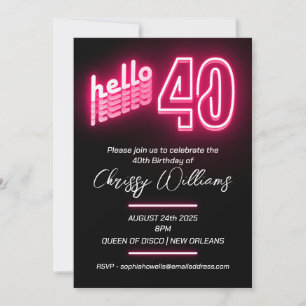 Invitation Rose bonjour 40 rétro néon 40e fête d'anniversaire