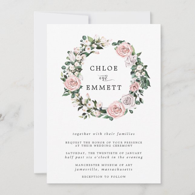 Invitation Rose botanique moderne Floral Wreath Mariage (Devant)