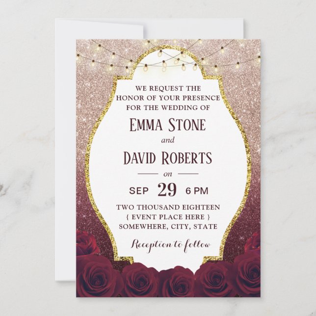 Invitation Rose Bourgogne Floral Rose Gold Ombre Mariage (Devant)