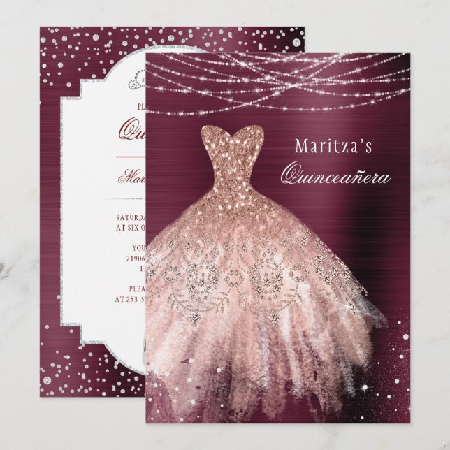 Invitation Rose Bourgogne Gold Glam Diamond Quinceañera (Devant / Derrière)