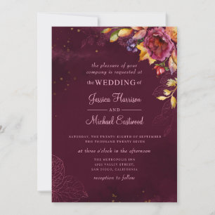 Invitation Rose Bourgogne Gold Monogram Floral Mariage de aut