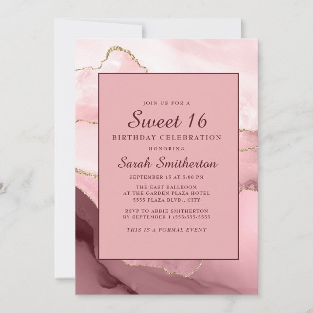 Invitation Rose Bourgogne Or Marbre Agate Sweet 16 (Devant)