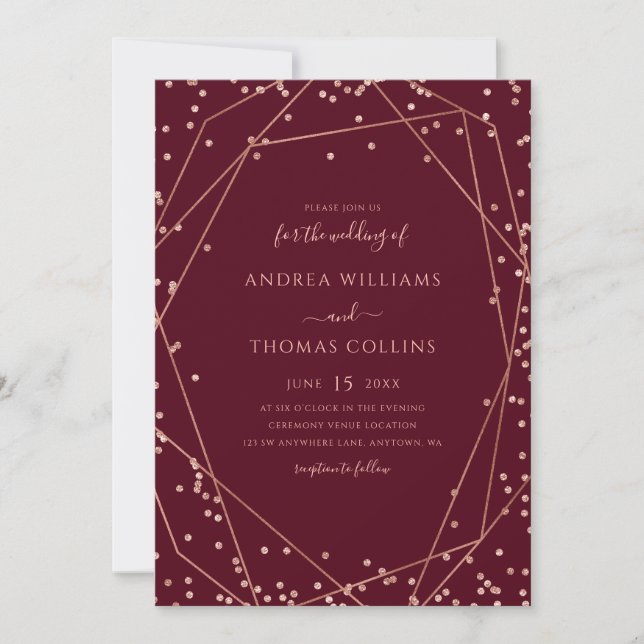 Invitation Rose Bourgogne Parties scintillant d'or Mariage gé (Devant)