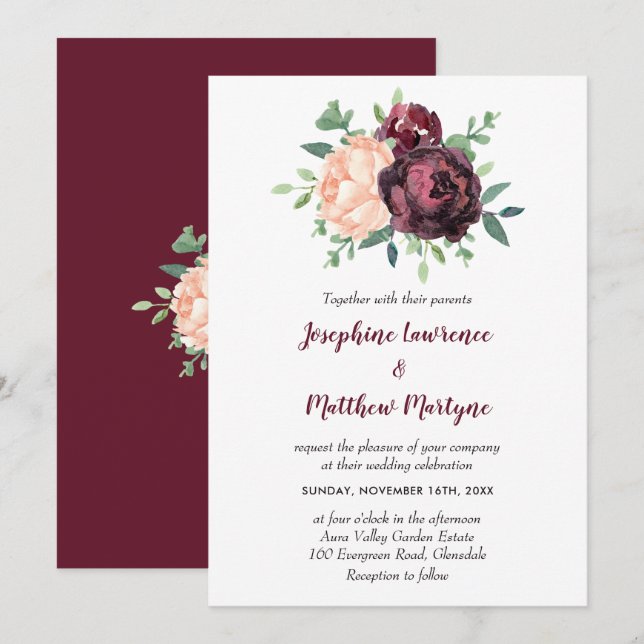 Invitation Rose Bourgogne Peach Peony Mariage floral (Devant / Derrière)