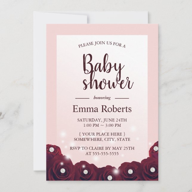 Invitation Rose Bourgogne Pearl Floral Blush Baby shower rose (Devant)