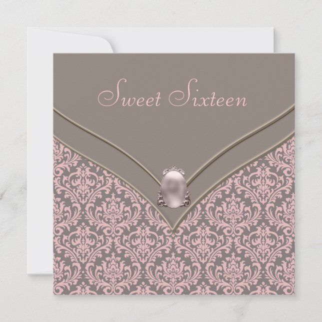 Invitation Rose Brown Damask Sweet 16 Party (Devant)