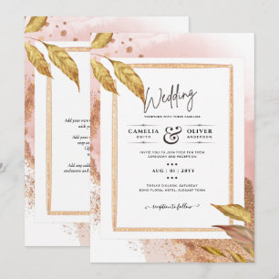 Invitation ROSE BUDGET Gold Feuilles de mariage Inviter QR Co