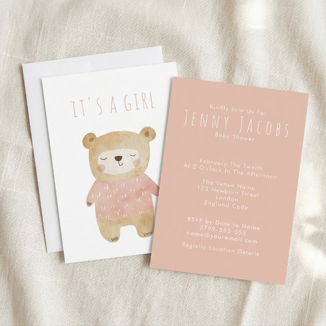 Invitation Rose C’est une fille Aquarelle mignon Baby shower  (Pink It’s a Girl Watercolor cute Bear Baby Shower Invitation)