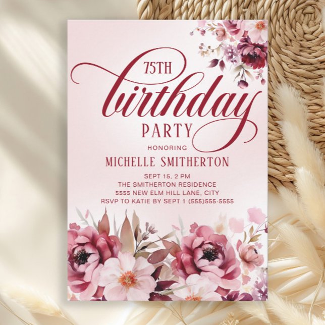 Invitation Rose chic Bourgogne floral glamour 75e anniversair (Burgundy and pink watercolor floral 75th birthday party invitation)