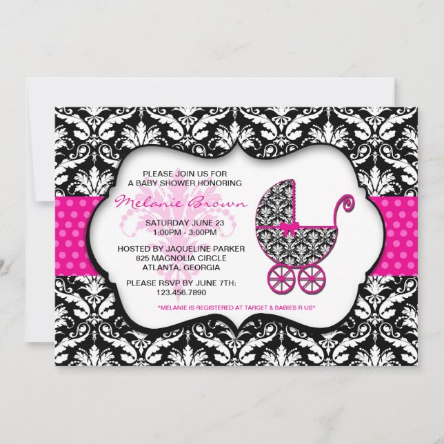 Invitation rose chic de baby shower de damassé de (Devant)