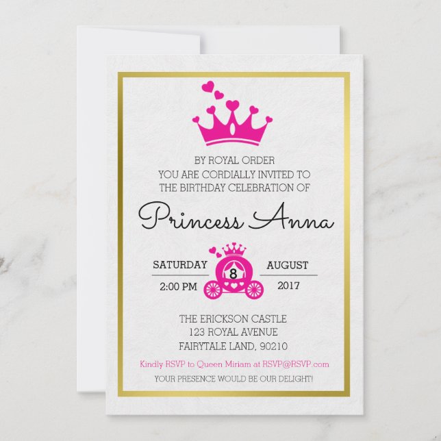 Invitation rose chic de princesse Birthday (Devant)
