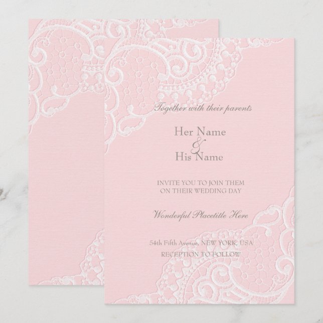 Invitation Rose Chic Élégant Dentelle Mariage (Devant / Derrière)