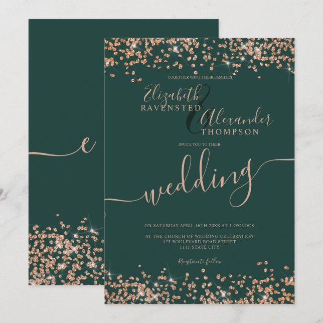 Invitation Rose chic parties scintillant d'or confetti mariag (Devant / Derrière)