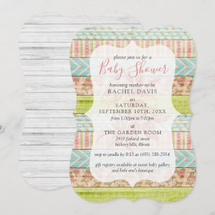 Invitation Rose Chic Shabby Baby shower Floral Rustique Bois