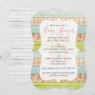 Invitation Rose Chic Shabby Baby shower Floral Rustique Bois