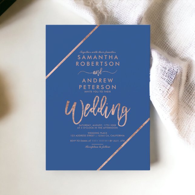 Invitation Rose chic typographie or mariage bleu (Chic rose Gold typography blue wedding Invitation)