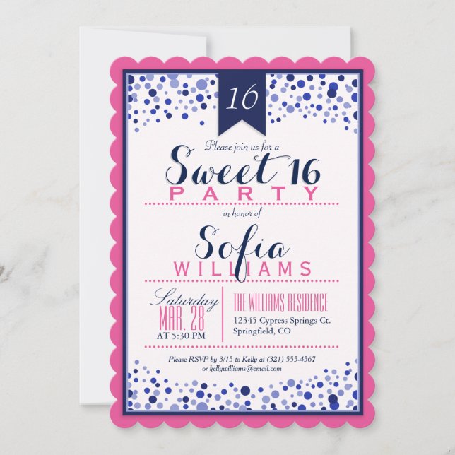 Invitation Rose clair, blanc, bleu marine Sweet 16 Party (Devant)